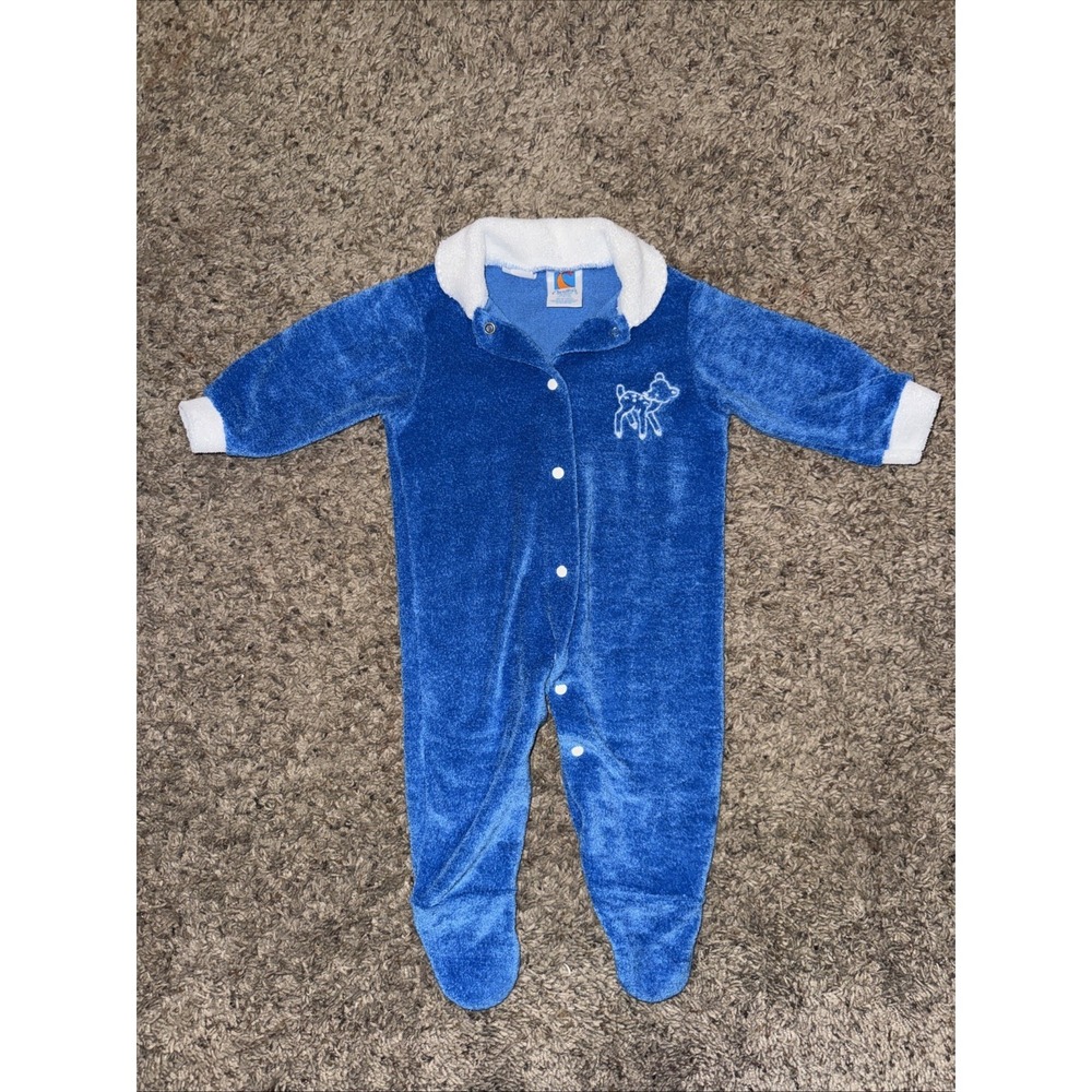 Vintage Carter's Blue Velour Footed Sleeper‎ Baby Deer Medium Made In the USA